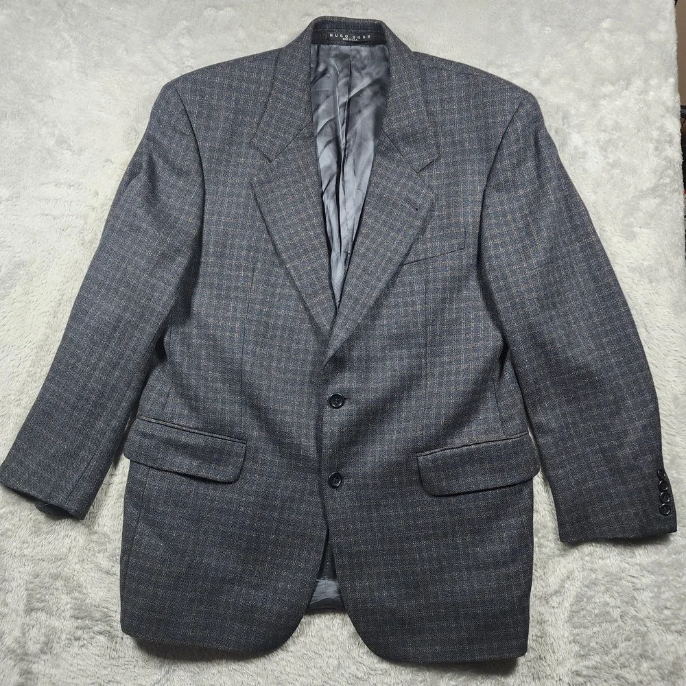 Hugo Boss Blazer Mens 42R Gray Check Tweed Cashmere Wool Sport Coat Jacket